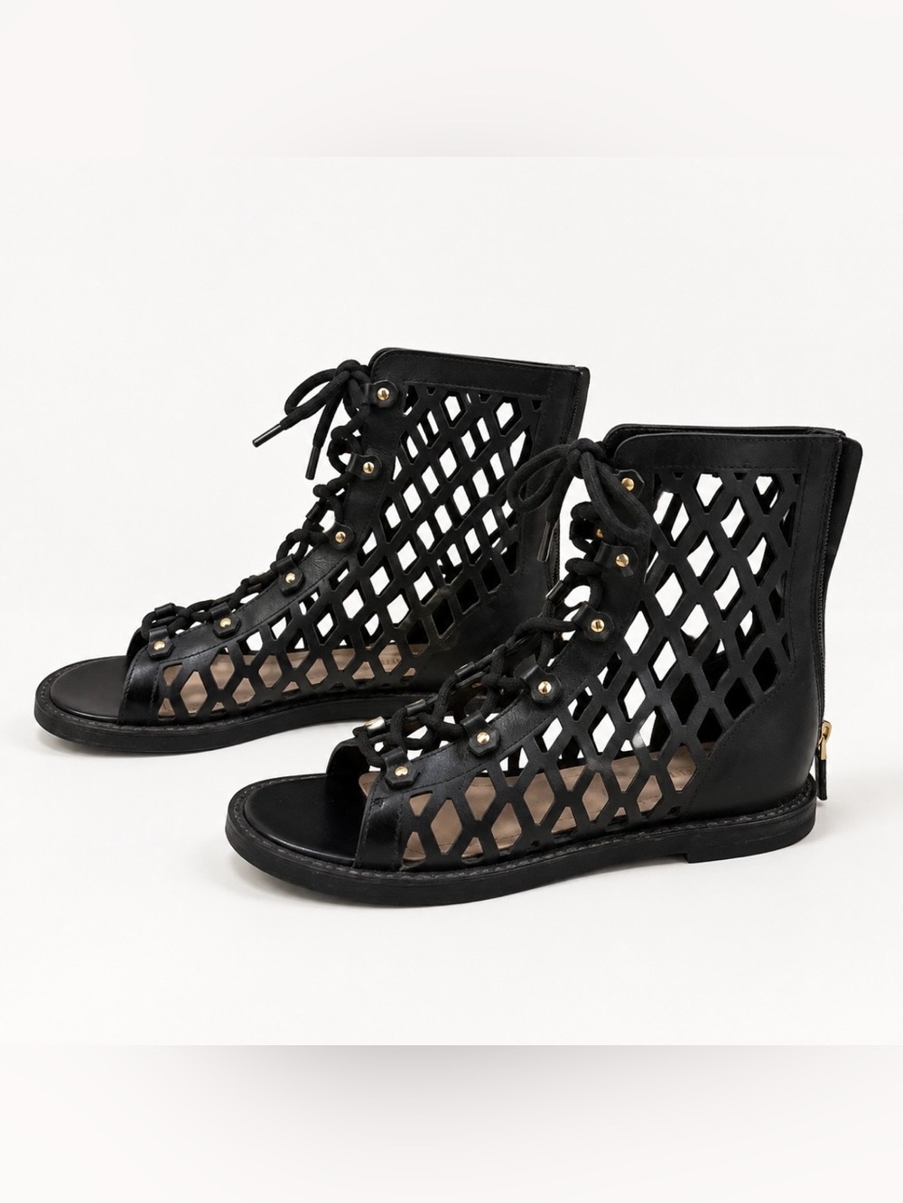 Christian Dior D-Trap Black Leather Gladiator Lace Up Cutout Sandals